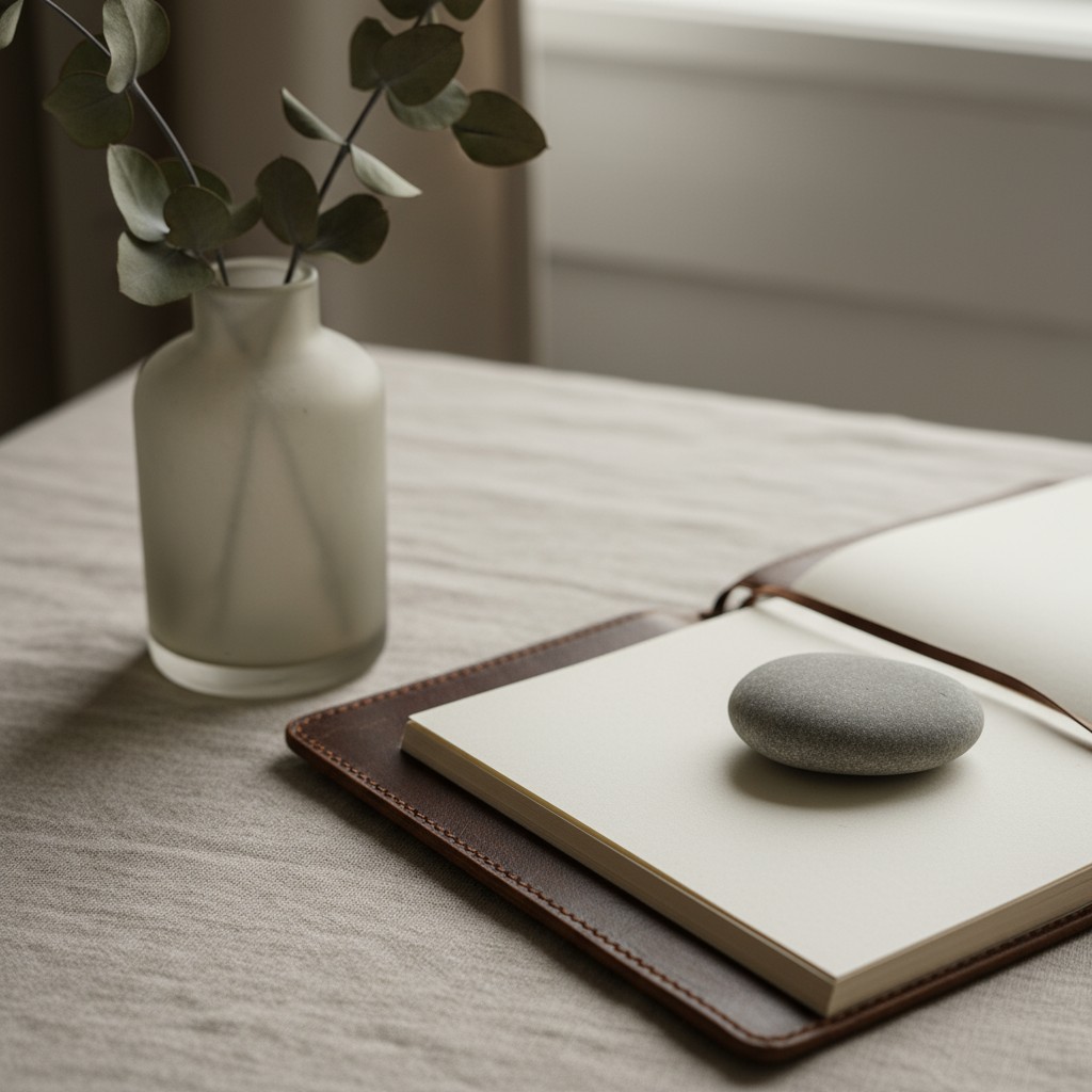 A composition of leather, an open book, a vase with stems, and a smooth stone rests upon it, all placed upon a white fabri...