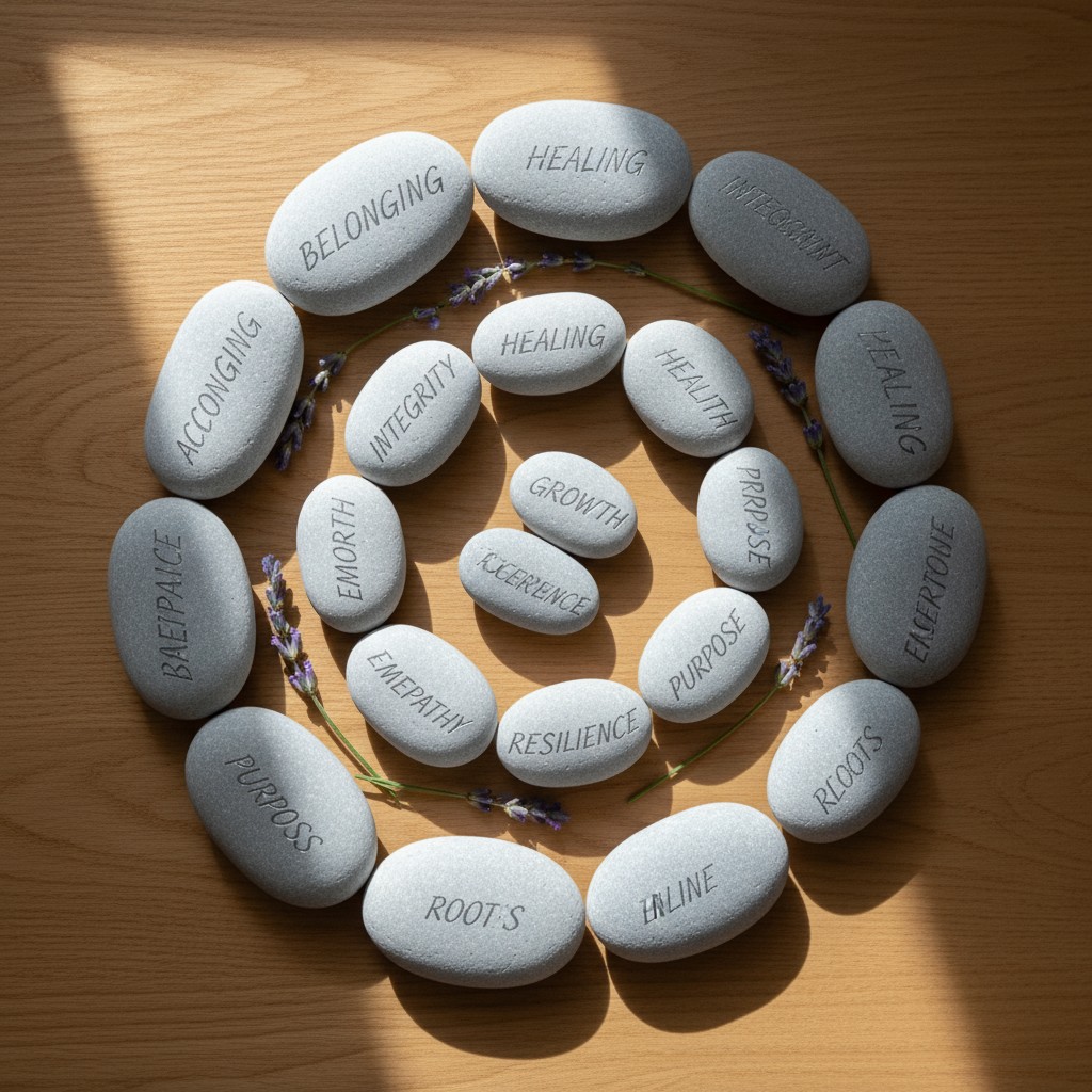 The image is titled "Balanced Life Conceptualized with Words on Stones" and describes a stone wheel with values ascribed t...