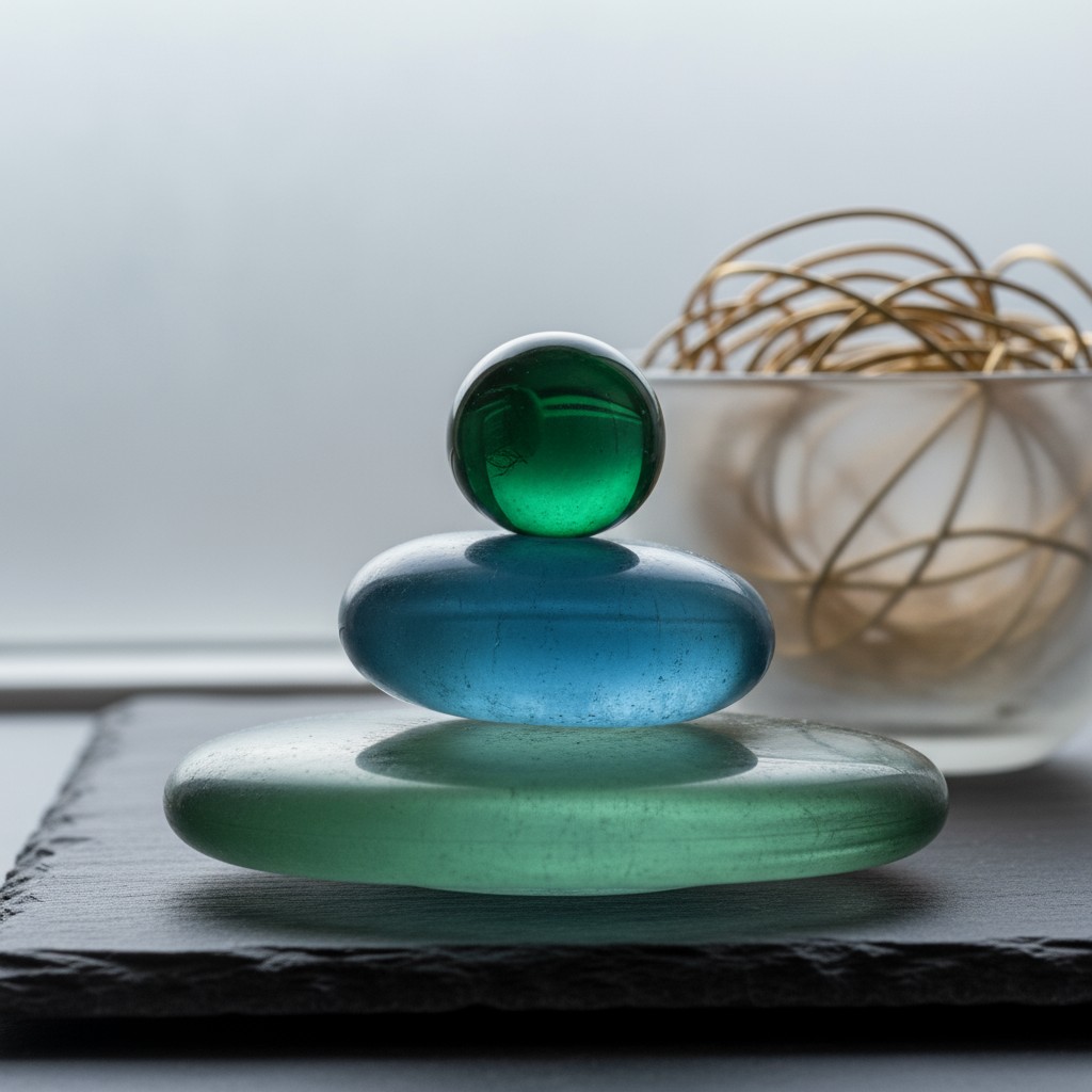 A sculpture of three glass stones in blue-green hues with a small green marble perched atop a large blue-green disc.