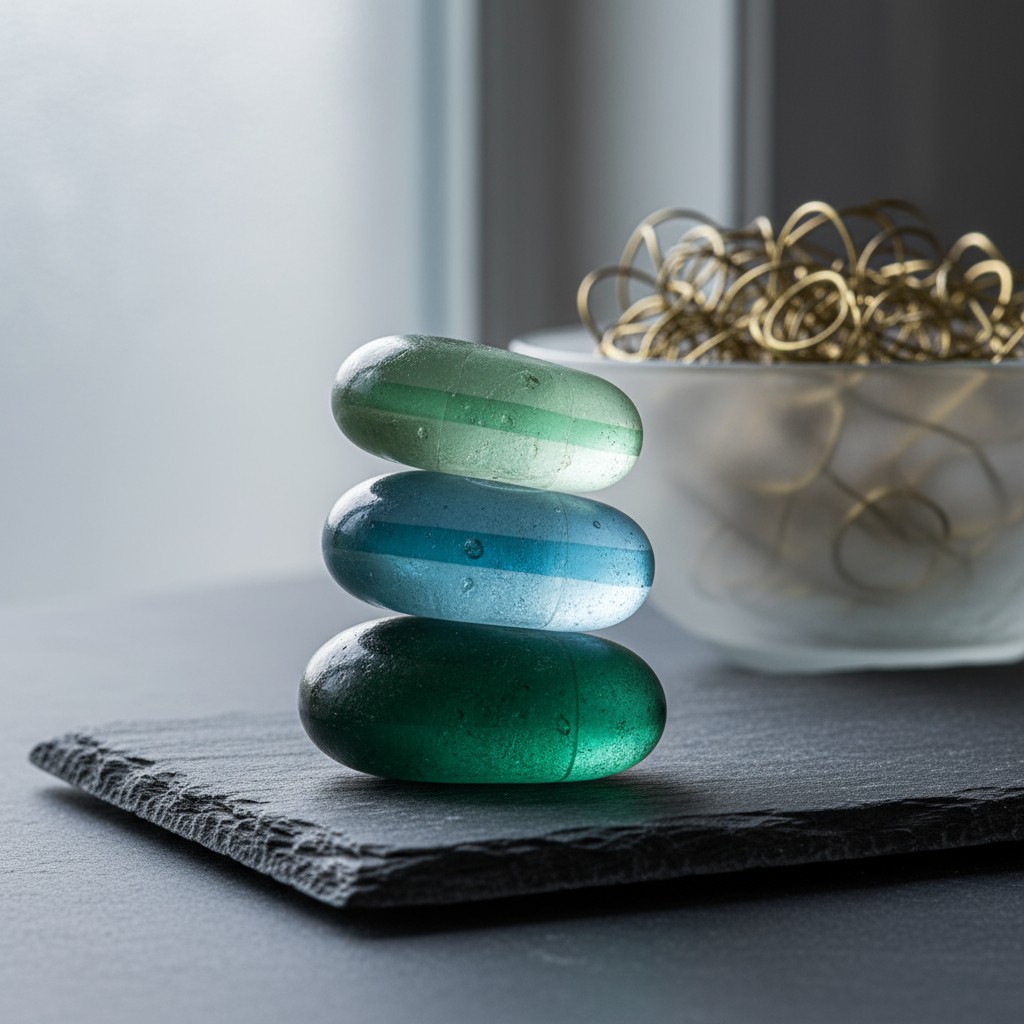 Three transparent, rounded stones in varying shades of green and blue stacked on slate. In the background, a white bowl fi...