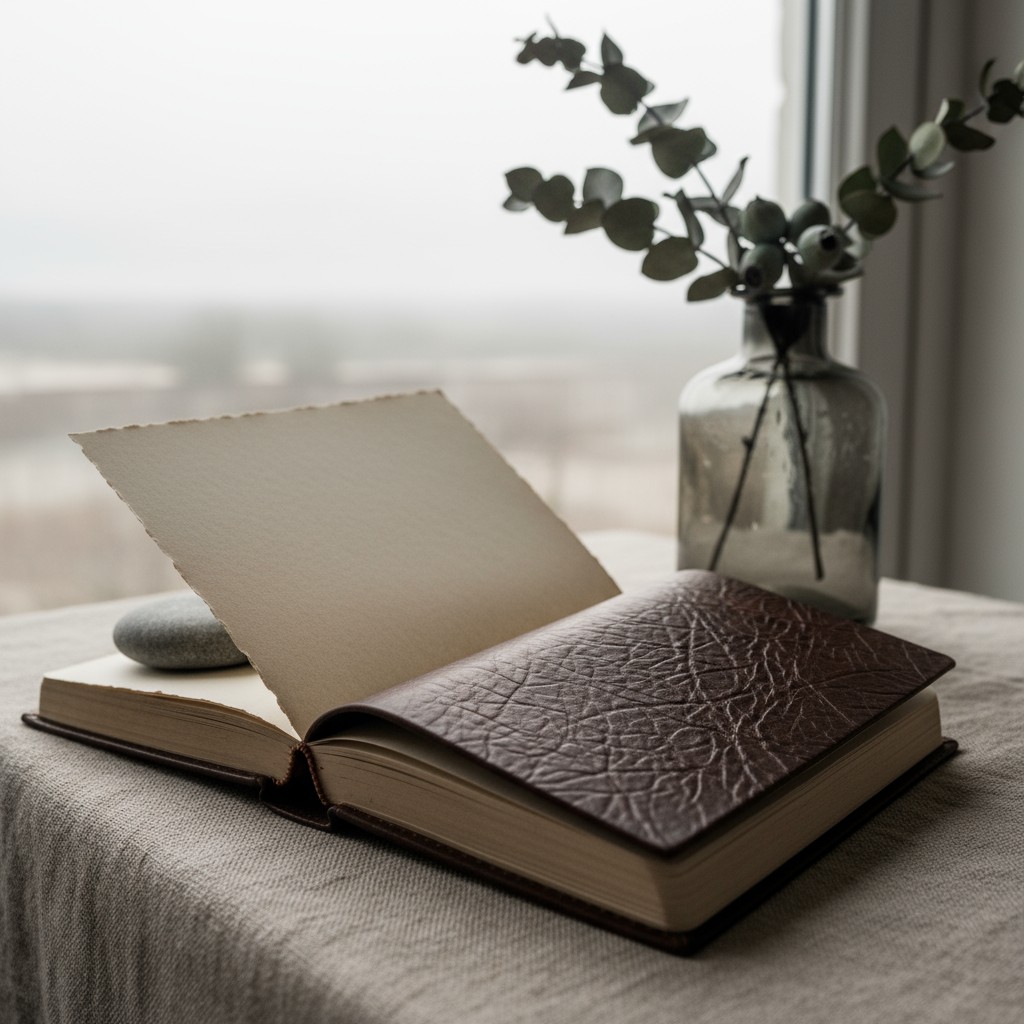 A open brown leather book lying on a table with a photo taken from the side and someone's hand holding the book, which app...
