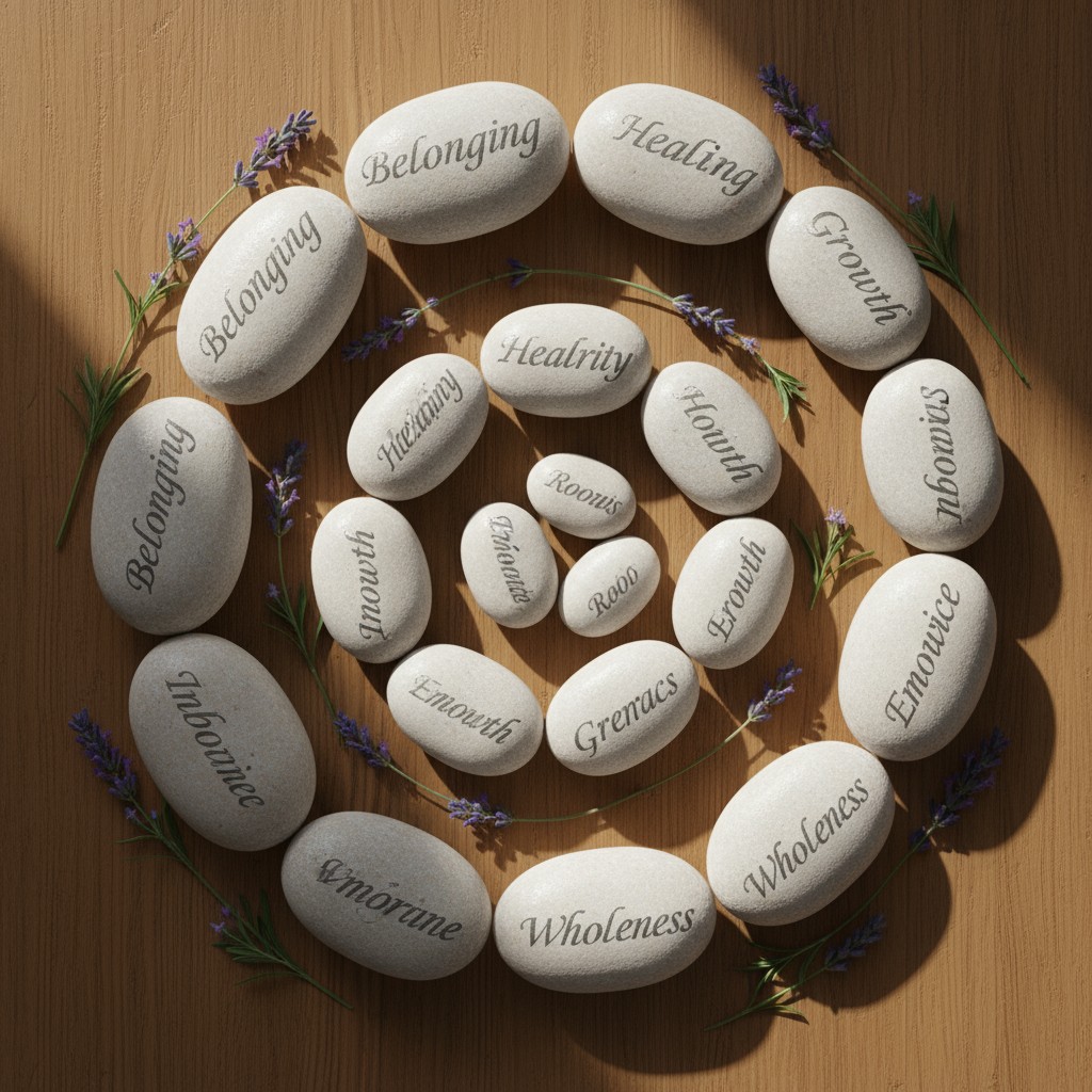 A circular pattern of ovals containing words or concepts such as Life, Emerge, and Belonging. The words are in different l...