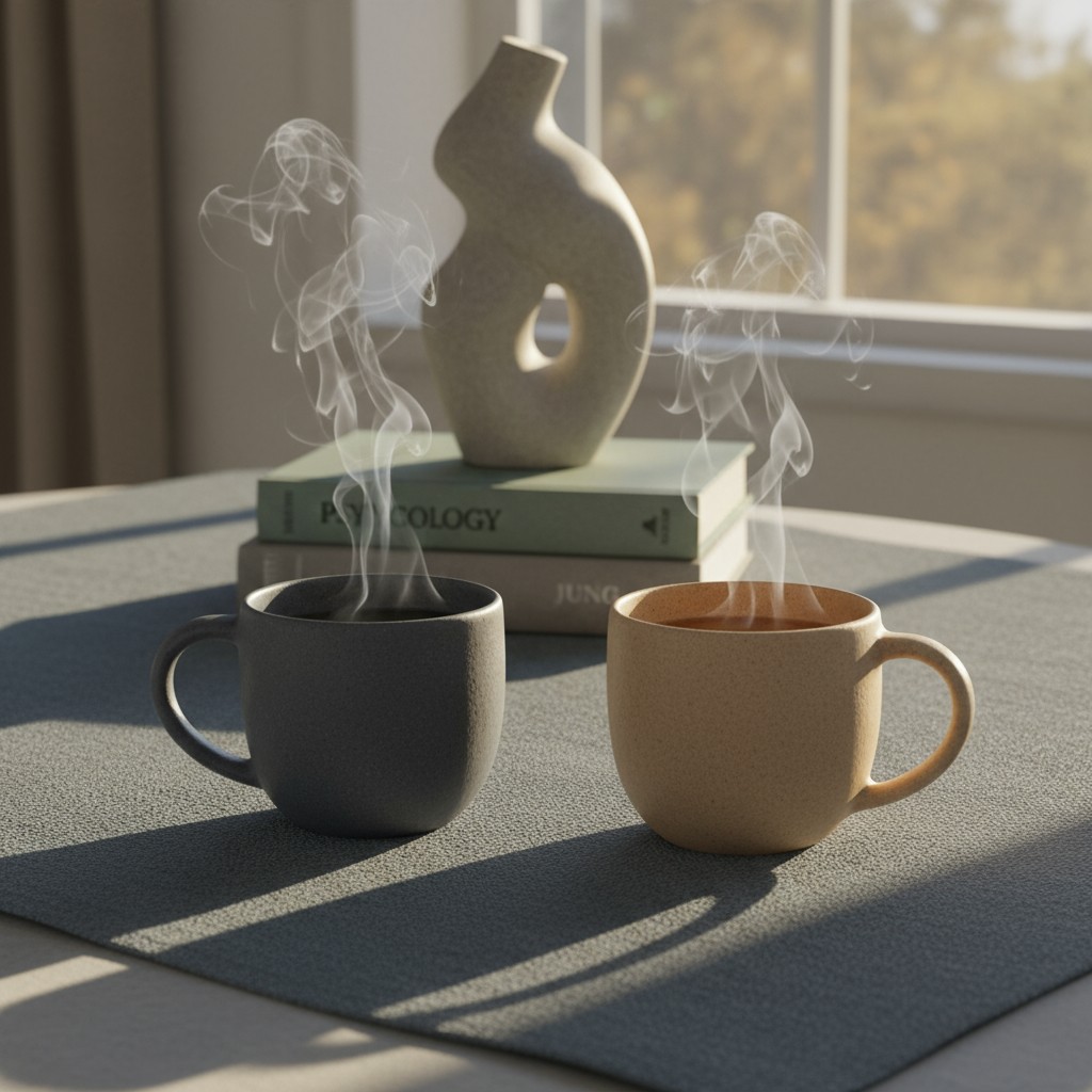 A close-up of two tan and gray coffee cups side-by-side on a gray placemat, with a book and ceramic vase behind them, sunl...